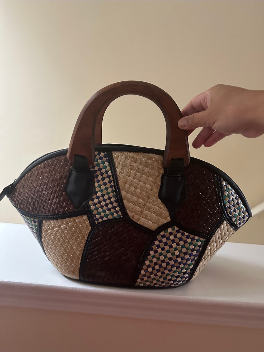 Woven Patchwork Tote Bag with Wooden Handles - Natural/Brown
